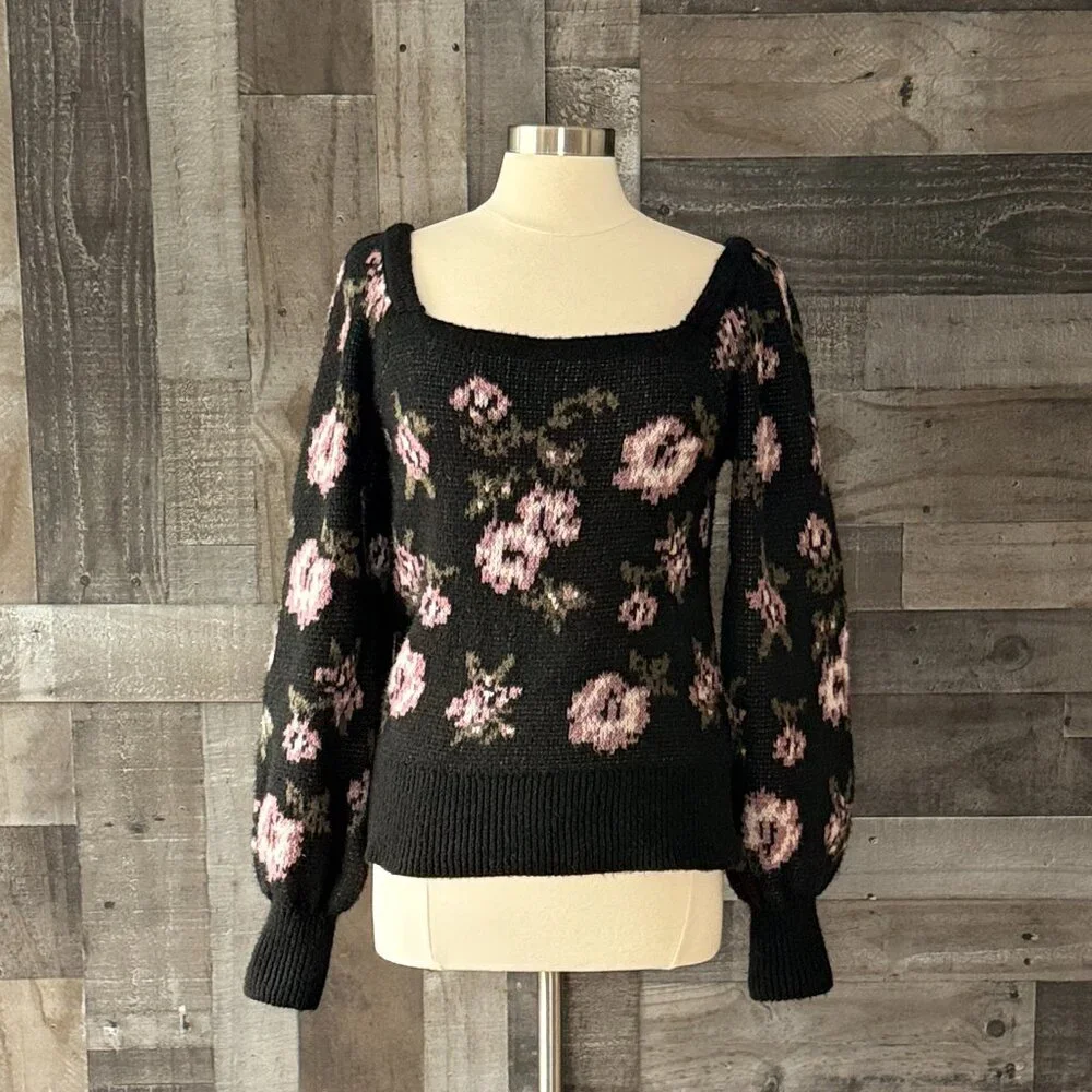 Anthropologie black bishop sleeve sweater medium rose floral dark feminine